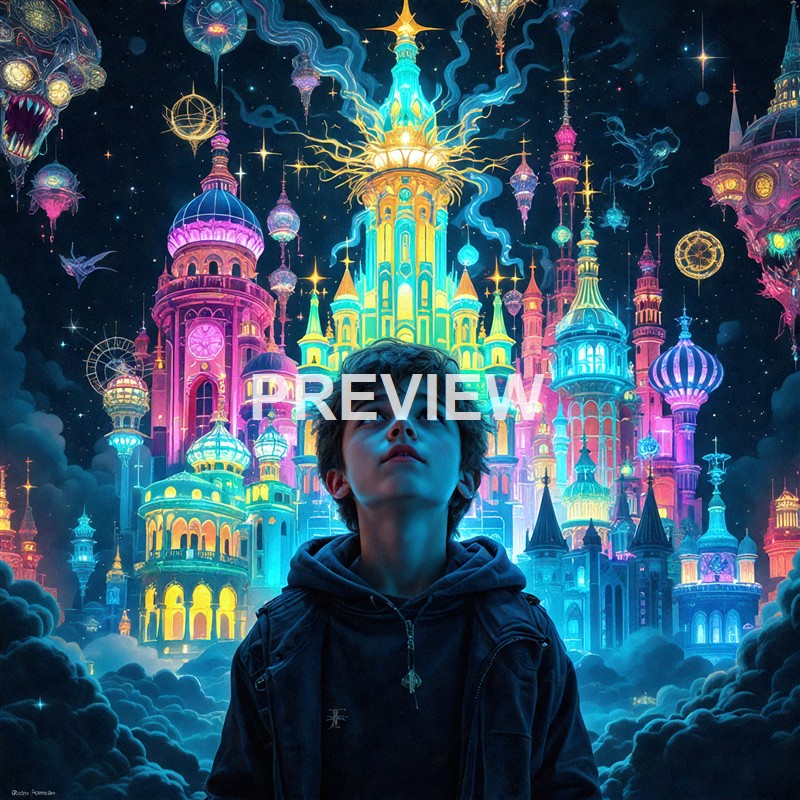 A young boy gazes upward at a fantastical, brightly colored castle floating amidst clouds, with glowing spires and floating lanterns in a surreal, night-time scene.